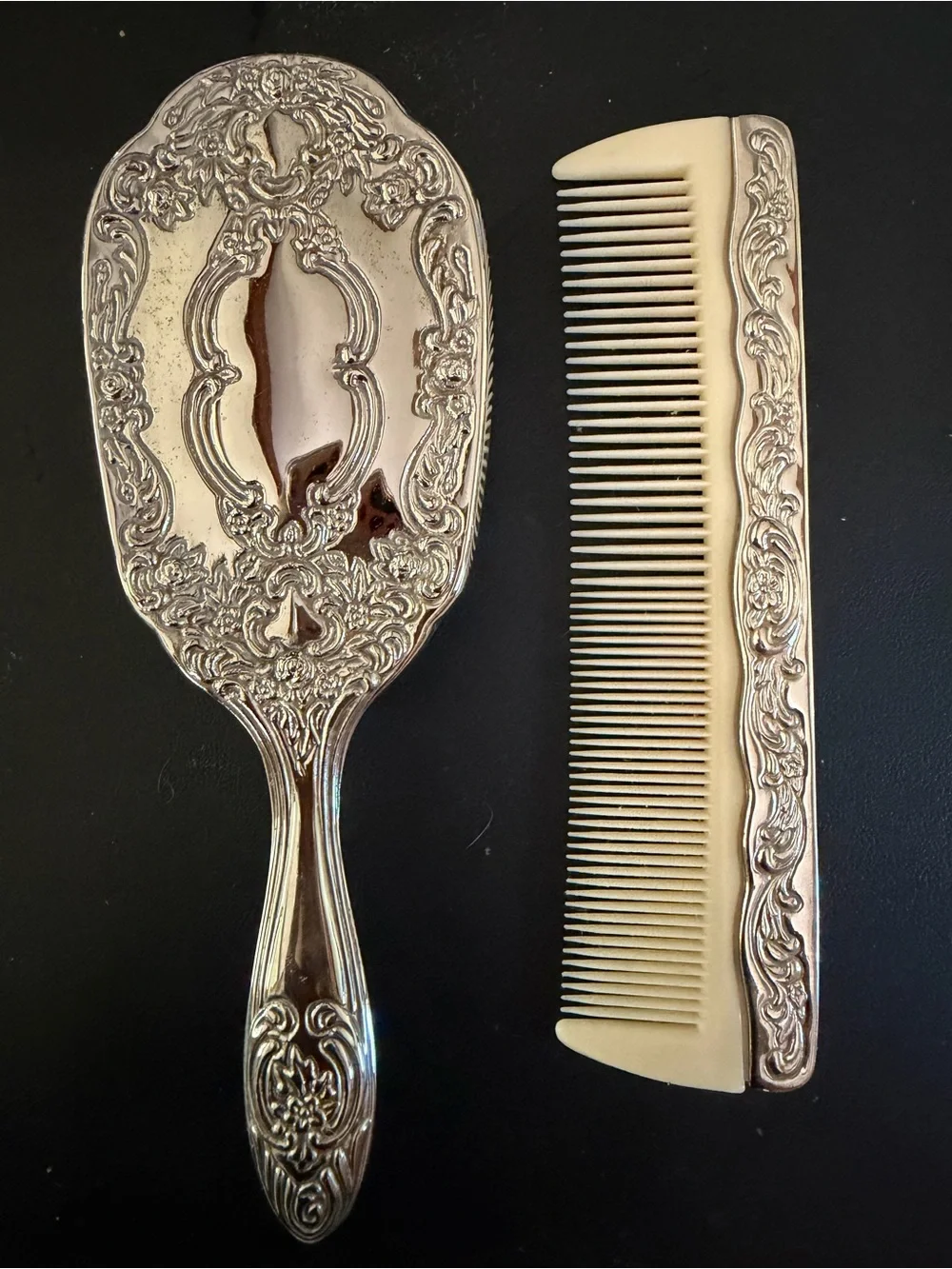 Classic Silver plated Ornate Hand Mirror and Comb Set